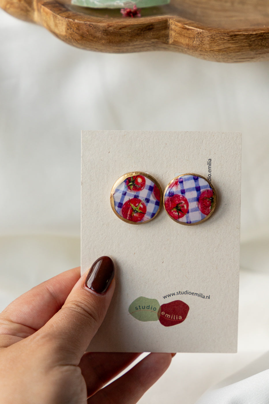 oorbellen van klei, unieke sieraden, geruit, tomaten, tomaten oorbellen, picnic oorbellen, sieraden van klei