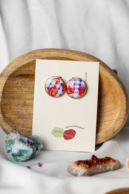 oorbellen van klei, unieke sieraden, geruit, tomaten, tomaten oorbellen, picnic oorbellen, sieraden van klei